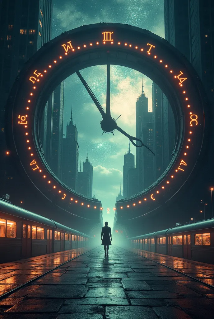 A train is entering through a giant clock into an ancient pyramid era, and the same train is emerging from the clock into a futu...