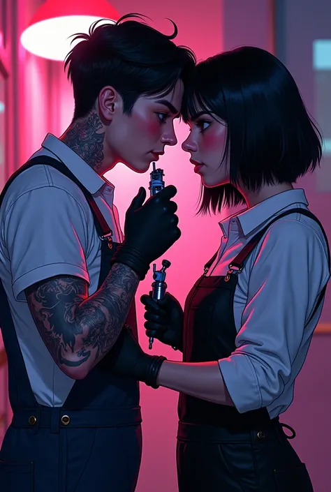 "dark romantic style,Tattoo artist( short hair、Broken eyebrows 、Overalls)Holding a tattoo machine,cartoonist(Black hair highligh...