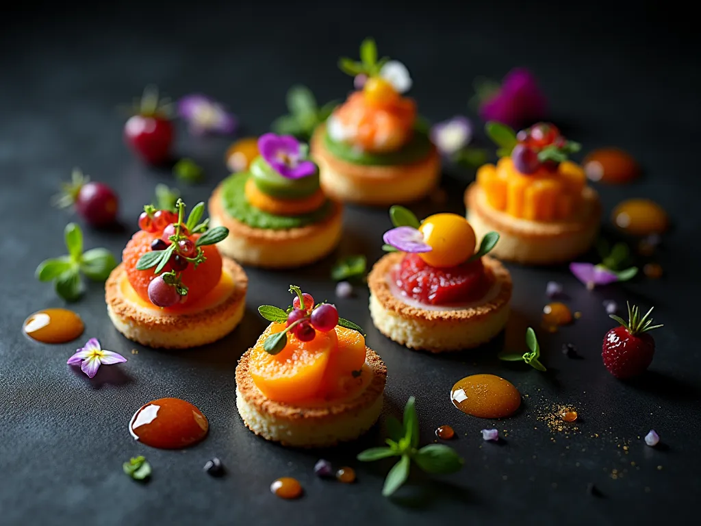 Flat lay of colorful and creative canapés displayed elegantly on a dark matte surface under controlled studio lighting, emphasiz...