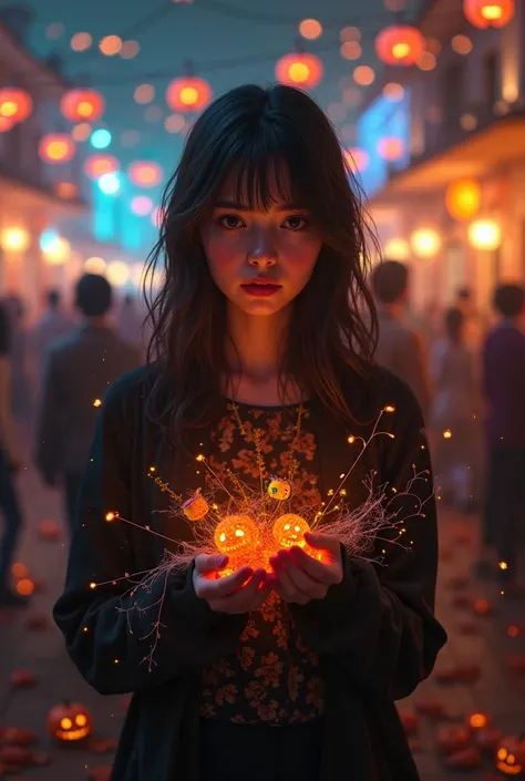 J’aimerais que tu me crées l’image d’une femme triste, mais le milieu soit comme la fête d’Halloween, mais elle n’a aucun show s...
