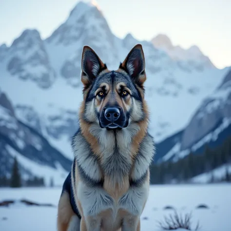 german sheppard, frontal portrait, snowy mountain background, blueish cold light, detailed gray and white fur, noble expression,...