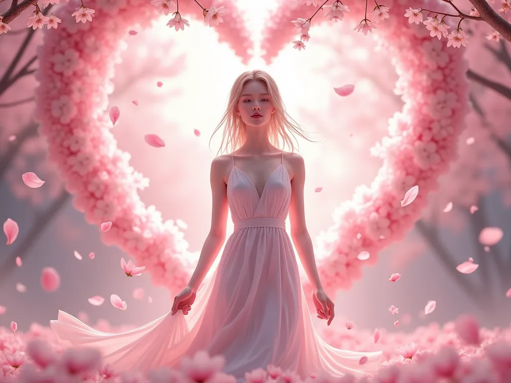 The season when cherry blossom petals fall,, goddess, goddess樱花的图像, stands in front of the background of the heart of cherry blo...