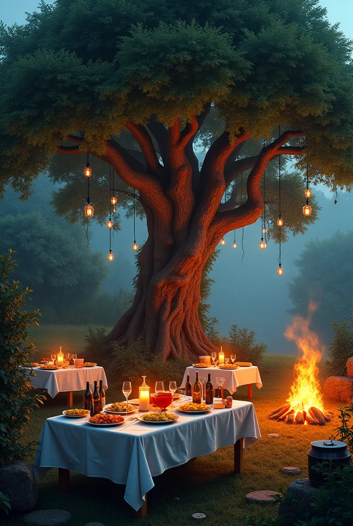 Fantasy. Garden. Under a large, spreading oak tree, decorated with lights and lanterns, tables are set for dinner, on platters l...