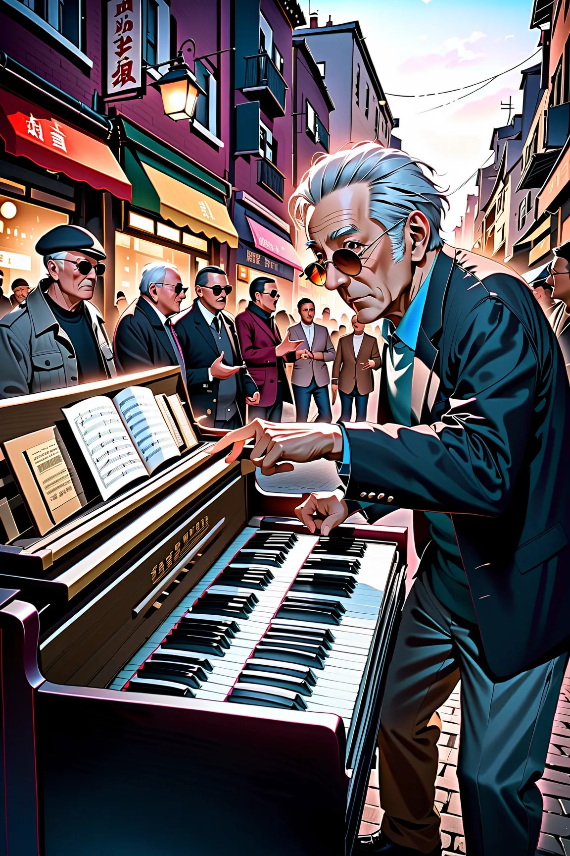 Highest Quality, Super fine, 16k, unbelievably ridiculous, very detailed, delicate and dynamic, old man playing street piano,wea...