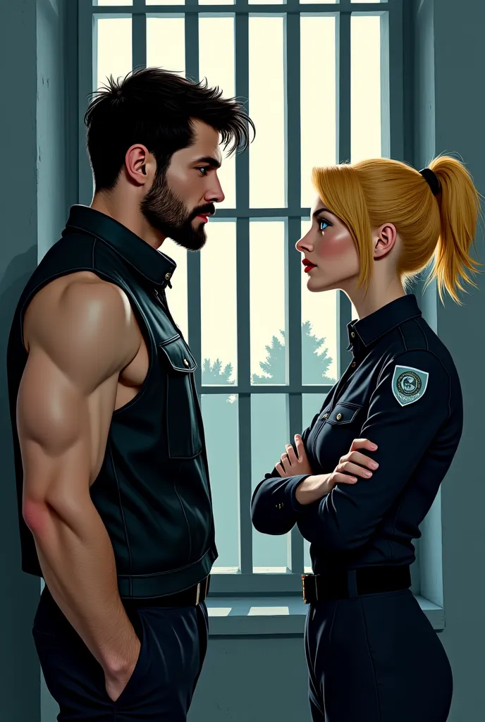A man and a woman in profile. They are face to face and watch each other out.. L'homme est dans une cellule de prison, his arms ...