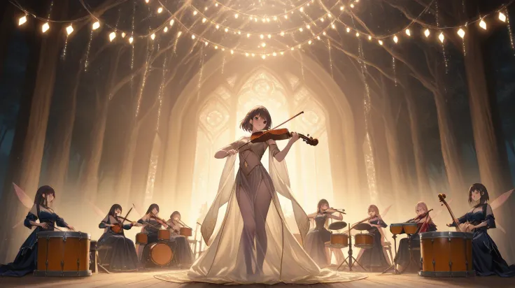 fantasy medieval festival at night, group of beautiful anime girls performing music on a wooden stage, each girl wearing flowing...