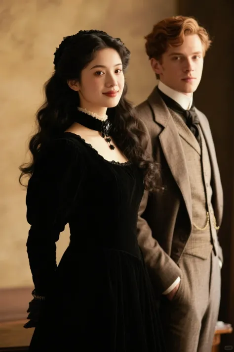 Light brown haired, brown eyes gentleman without facial hair in Edwardian suit next to a mysterious woman with long, wavy black ...