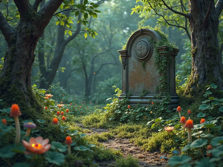 Dense forest with a hidden grave and different fungal growths.
