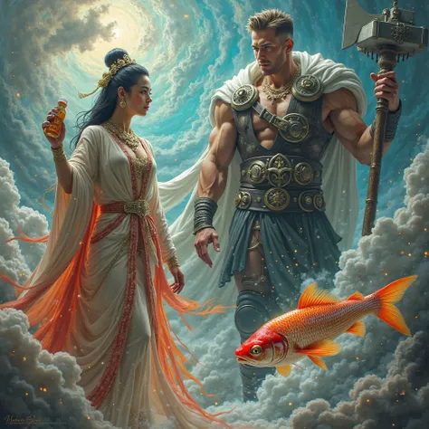 Asian goddess and Thor, a fish, 1 handsome American man, and Johnsons Baby Oil