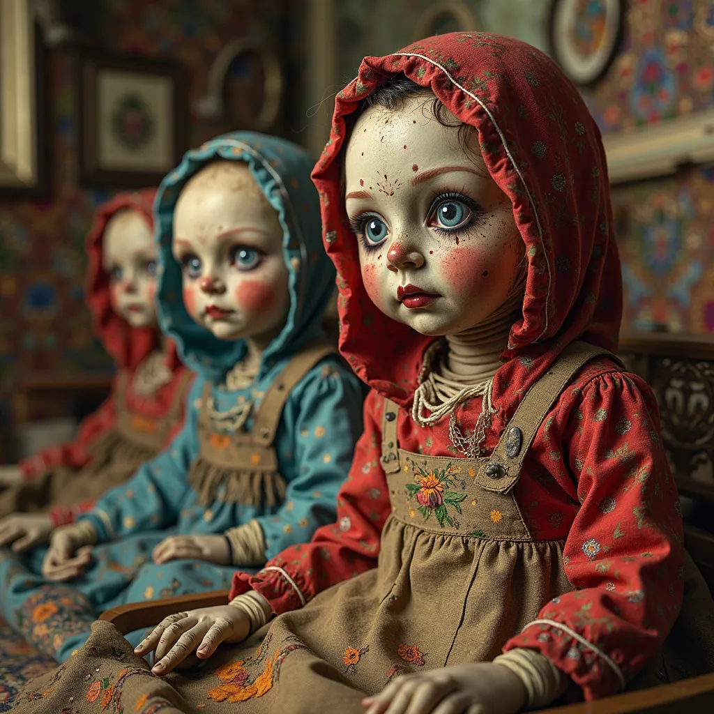 "A chilling image of life-size dolls made from mummies, dressed in colorful clothes and adorned with makeup. The dolls must be p...