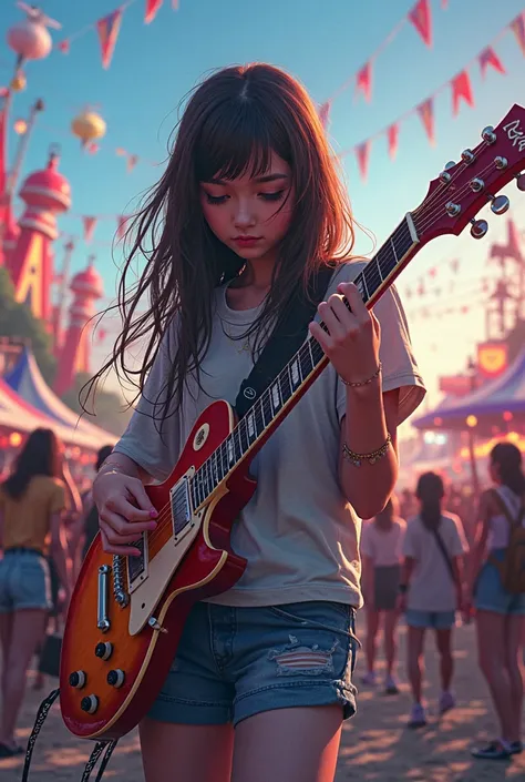 Stunning visuals, high quality walkers, striking colors, A long-haired girl is frantically solo guitar at a music festival