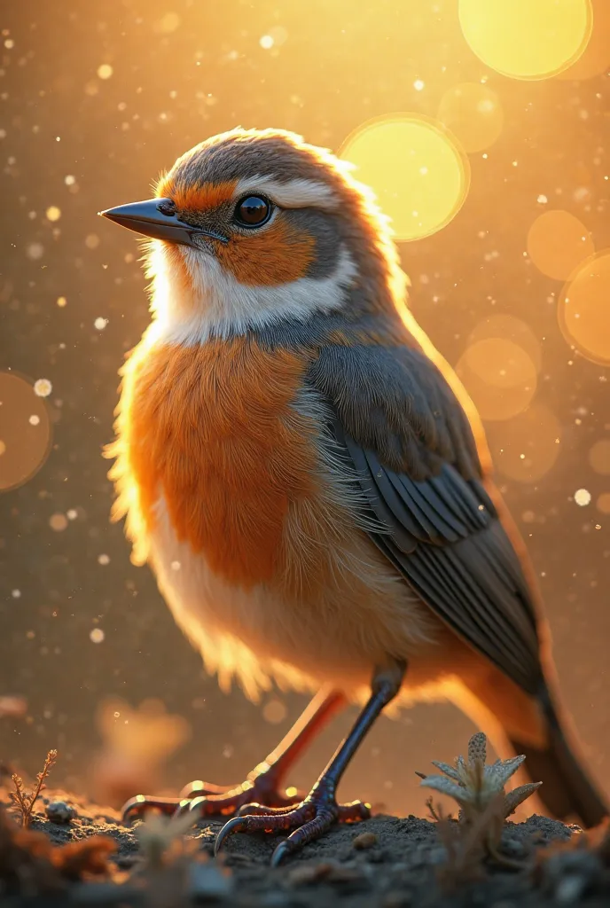 A mesmerizing close up portrait of a beautiful little bird illuminated by the soft golden light of a quiet morning, with vibrant...