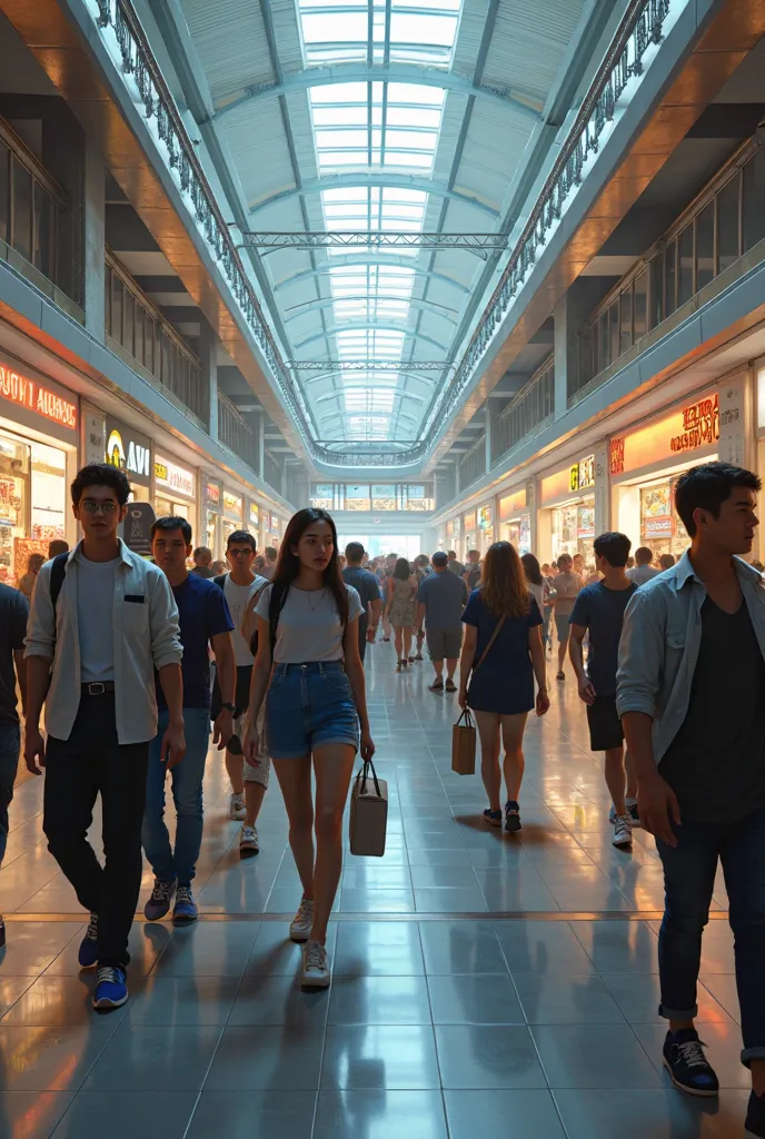 ((Highest Quality)), ((masterpiece))、Realistic underground shopping mall、Realistic depiction of multiple passers-by、zoom up