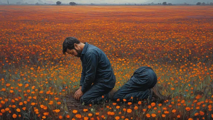 A man kneeling in a field of burnt flowers, praying for rain, 2D, abstract, oil painting.