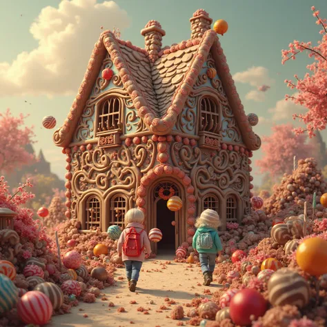 Two human ren outside a house made of chocolate and candy