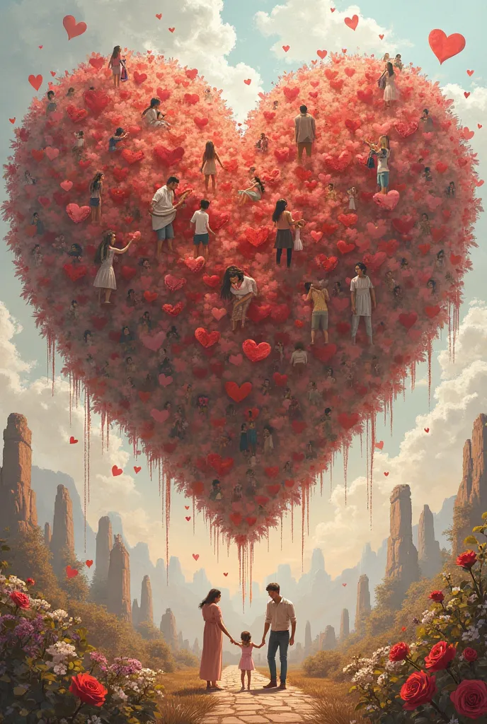 A giant heart shaped with small scenes of acts of love and support.