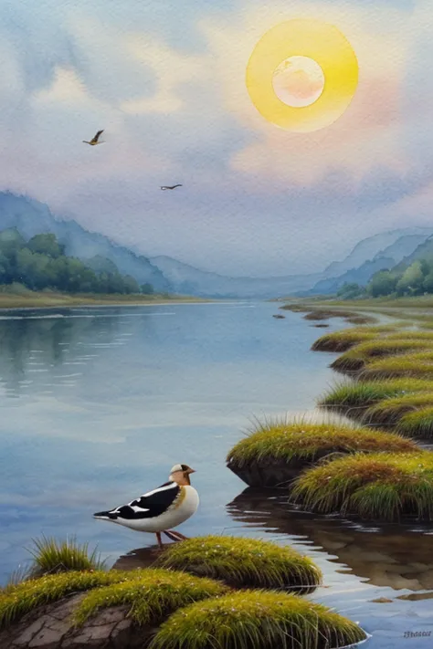 Hyper-realistic watercolor of six birds at a misty lakeshore sunrise, moments after a light rain. Four songbirds—yellow Canary, ...
