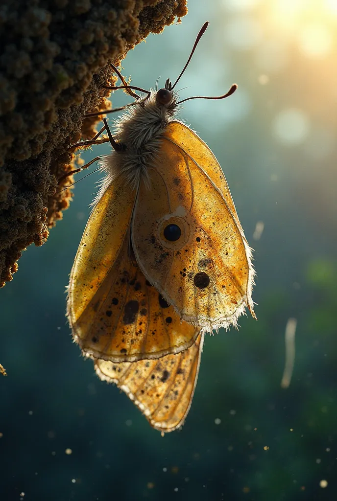 A butterfly mid-transformation inside its chrysalis**—but with a raw, unexpected twist:
- The chrysalis is **semi-transparent*...