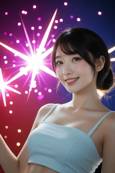 1girl, smile, iridescence, dramatic angle, space, (floating colorful sparkles:1.3), Dramatic Lighting, Chiaroscuro, Evocative De...