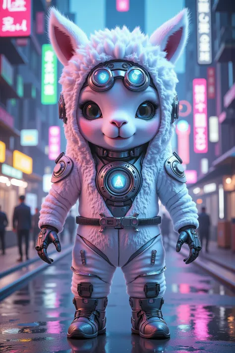 (wide angle:1.5),photorealistic portrait of Dressed animals - a ((fat)) (chibi) (baby alpaca)cyber agent,(art by Carne Griffiths...