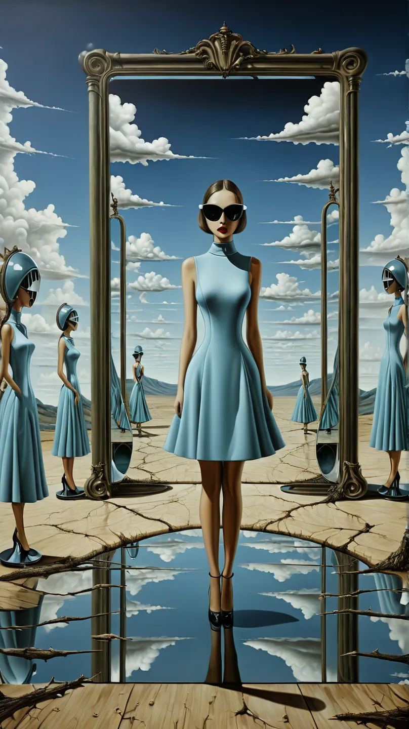 bizzare landscape with mirrors, many woman sexy dress and stuff - surrealist style, surrealist artwrok, dream like, highly detai...
