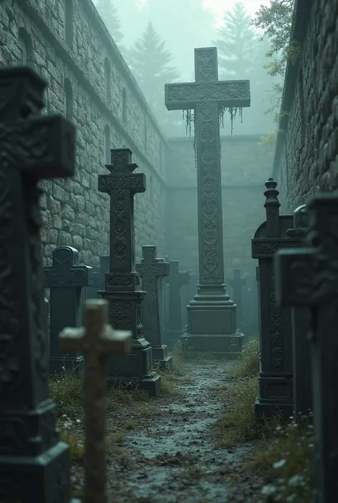 Cemetery with very detailed headstones, mines Towers in some of them and a blurred cross in the foreground. In a walled cemeter...