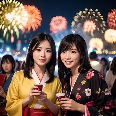 2 women in their late s、 beauty、Enjoying the fireworks display in a kimono in the crowd、black hair、looking at camera