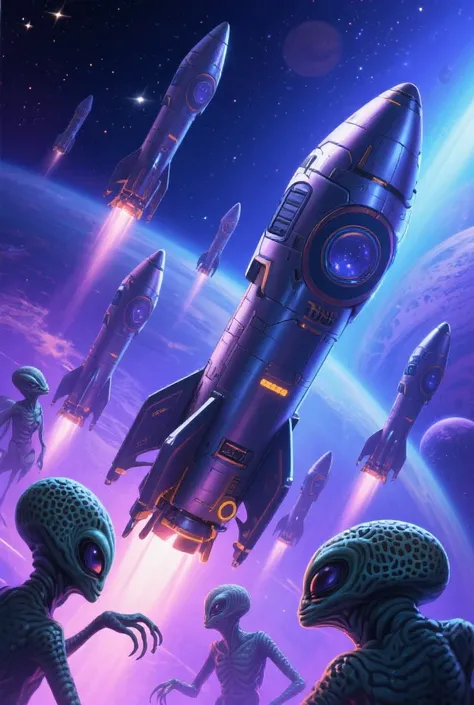 Create an image of rockets and aliens