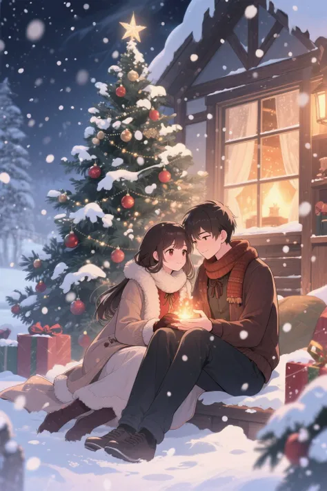 is a romantic picture in a winter atmosphere.: in a winter scene where snow falls around them. The girl and the boy are in a nic...