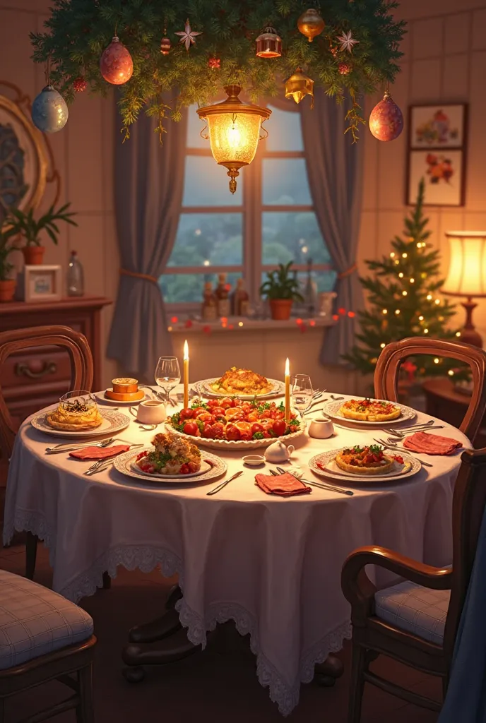 Cozy dining scene with warm lights, delicious food on the table, festive and welcoming atmosphere, cozy home interior.
