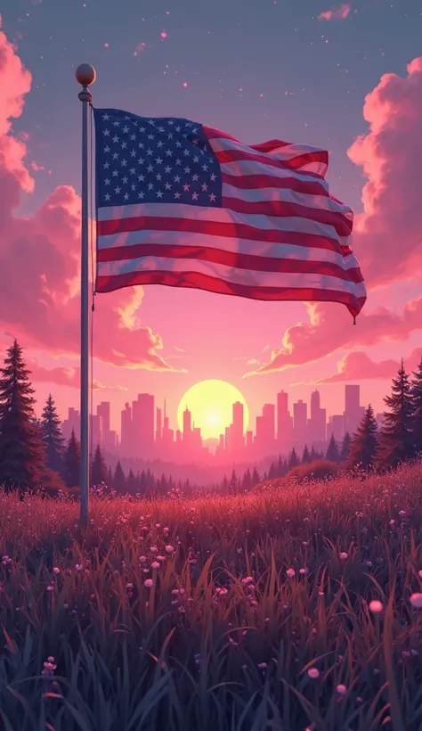 Create an animated background with the United States flag in the center, in the middle of a meadow landscape and that this is a ...