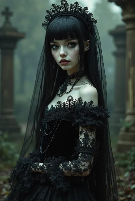 a tim Burton bride movie style woman in a victorian black dress and long black hair with bangs