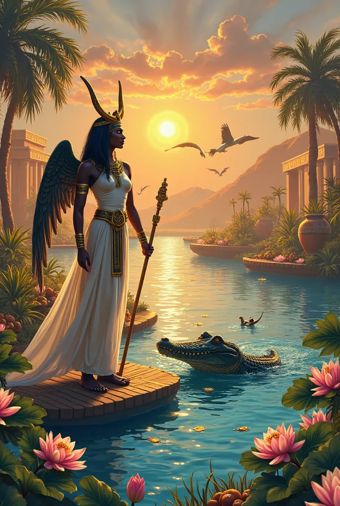 **Imagen de isis y Sobek en el río Nilo:**
**detailed description:**
1. **stage:**
- The Nile River meanders with crysta...