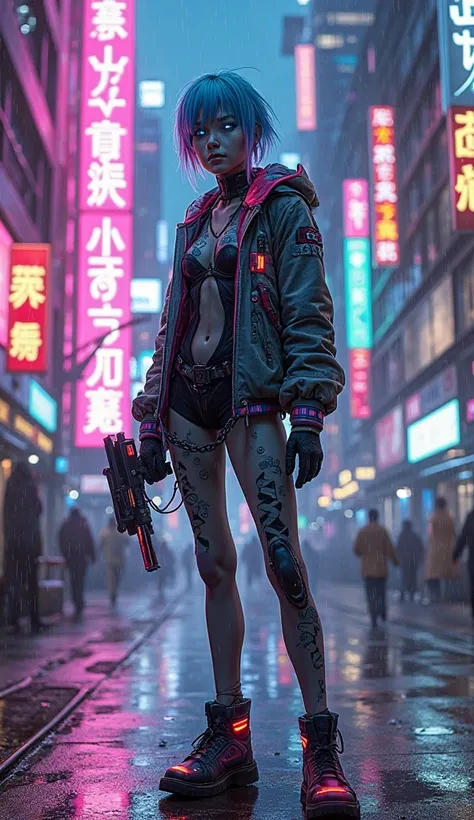 A futuristic cyberpunk character, standing in a neon-lit alleyway in a sprawling megacity. The character has a9 sleek, augmented...