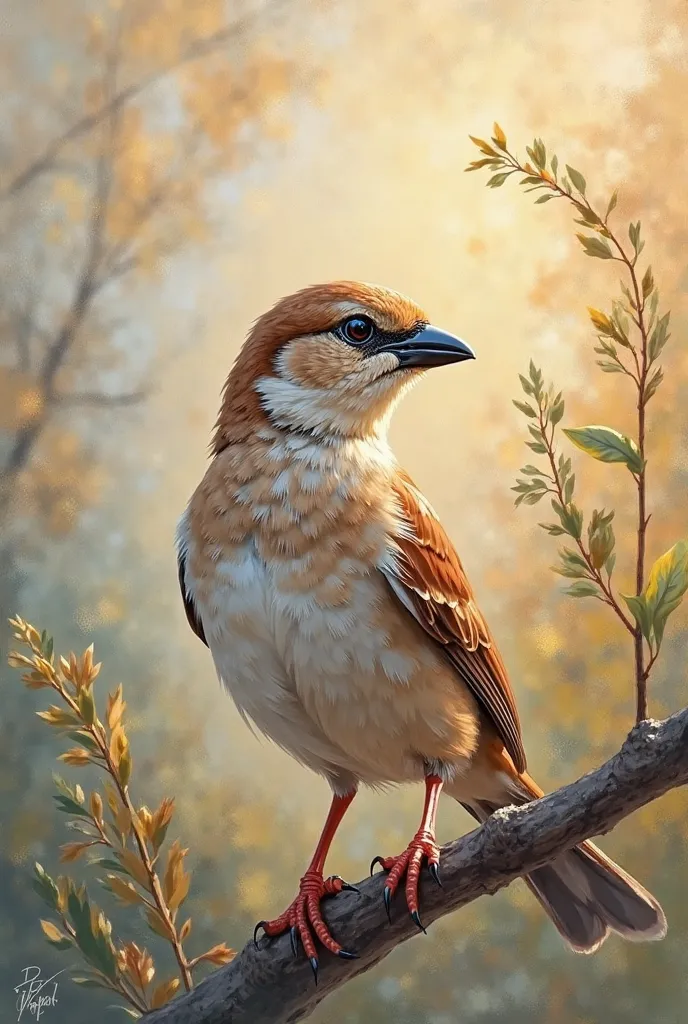 Impressionist chalk painting of a beautiful sparrow bird, capturing the light and shadow