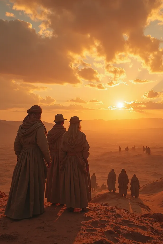 Group of people in old clothing, on your back, observing an extensive desert landscape at dusk. The sky is covered with clouds a...