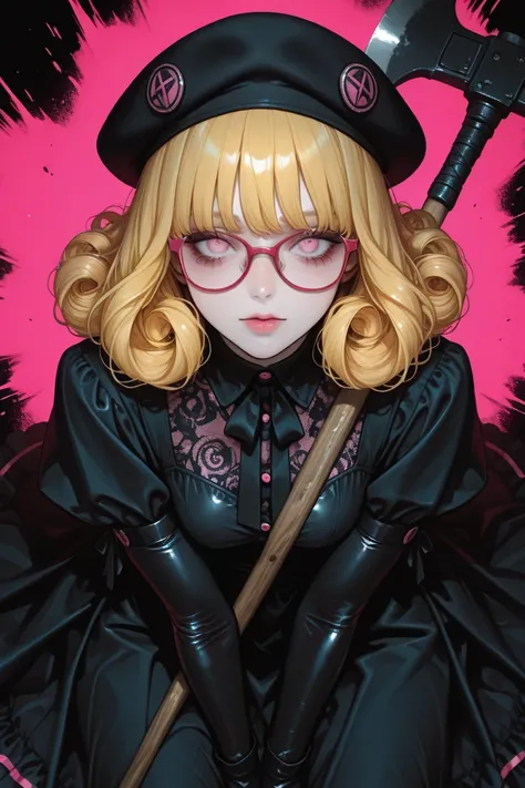 1 a girl with very short curly yellow hair,bright pink eyes, linda, cute black dress, lenses with red frame, fair skin, black be...
