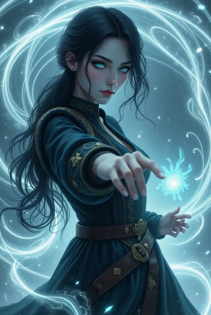 photography of A young woman with an ethereal, otherworldly aura. The woman has long, wavy black hair that cascades down her sho...