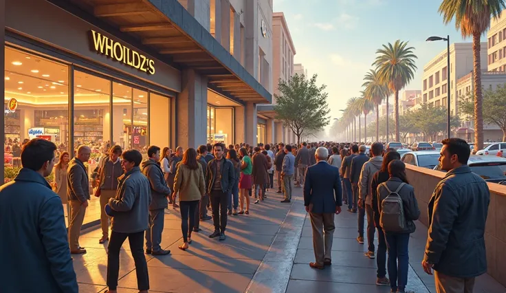 realistic photo, of a store, in California with a large line of customers waiting to be served, the line goes outside where the ...