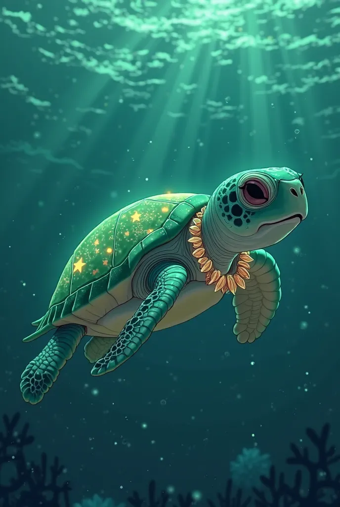 Young green sea turtle with a translucent shell showing glowing constellations, swimming under bioluminescent waves. Wearing a n...