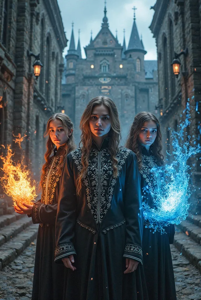 Dark fantasy magic academy cover art, mysterious ancient castle with gothic architecture under twilight sky, glowing runes on st...