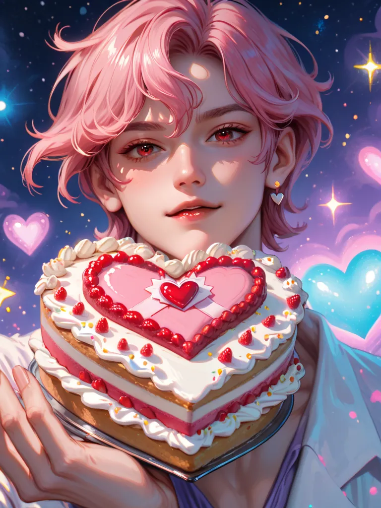 ((person)), very cute, short pink hair below the angle, person는 메이드복을 입고있습니다, white ribbon , red eyes, male, with a he...