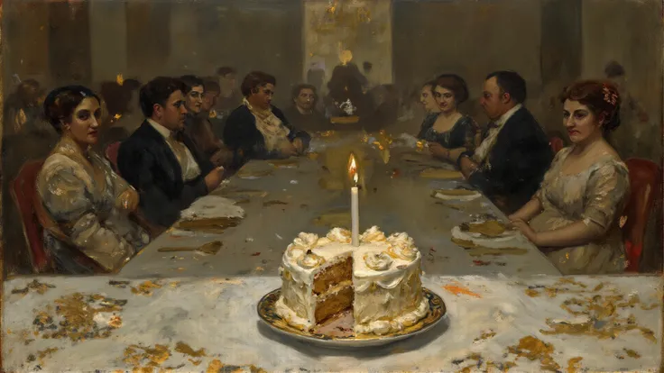 A detailed oil painting, richly detailed and aged, in the style of Neoclassicism, of a cake with a single slice removed, placed ...