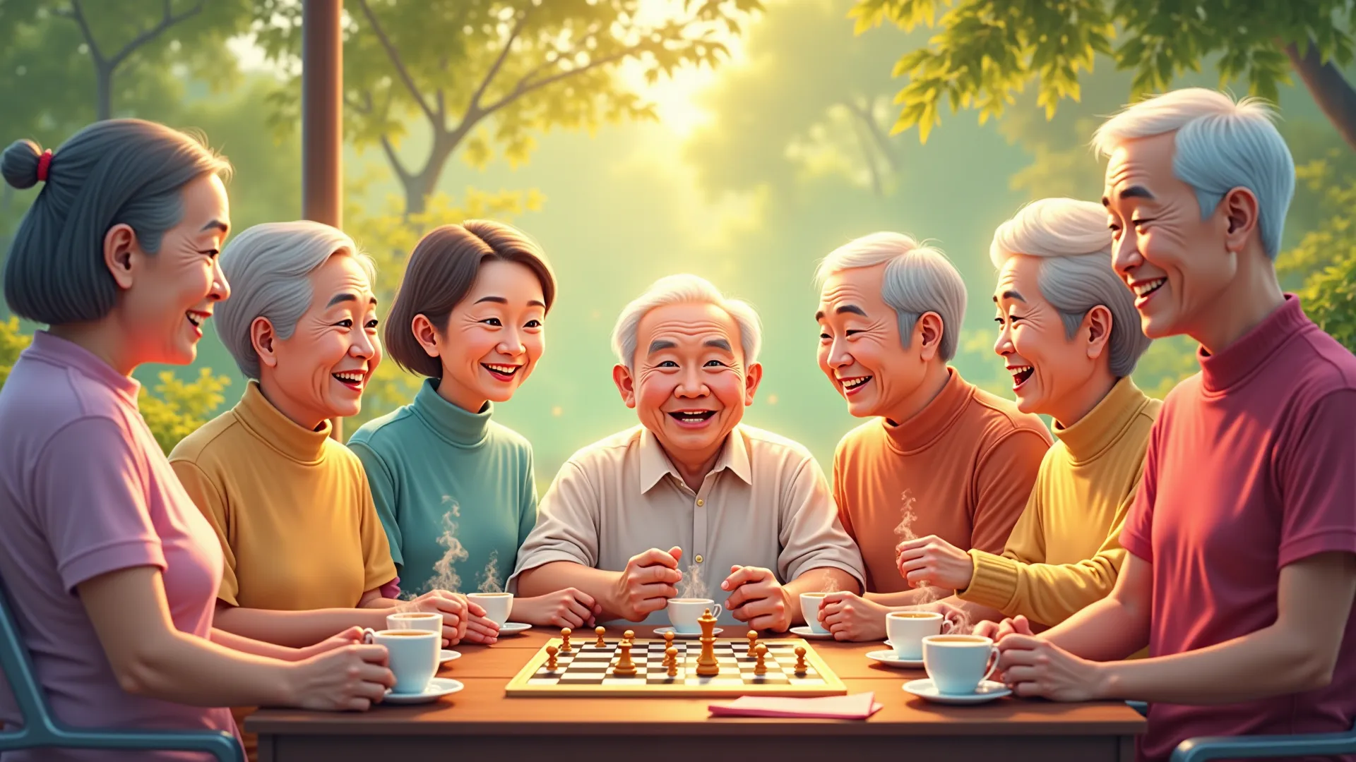 draw 10 pictures of elderly people doing sports activities, have fun drinking tea, play chess, take a walk. Remember the charact...