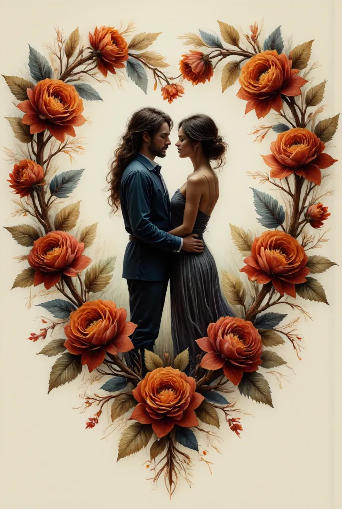 A romantic silhouette of two intertwined figures, a woman and a man, positioned in a loving embrace, is adorned ((best quality))...