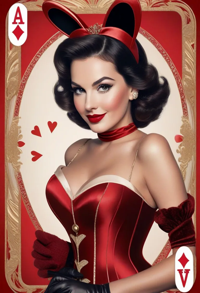Photo realistic. A glamorous, vintage-inspired portrait of a beautiful woman, large natural breasts, styled like a 1960s Playboy...