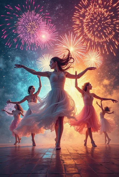 Une affiche avec plein de couleur qui explose comme des feus d'artifices avec des danseuses