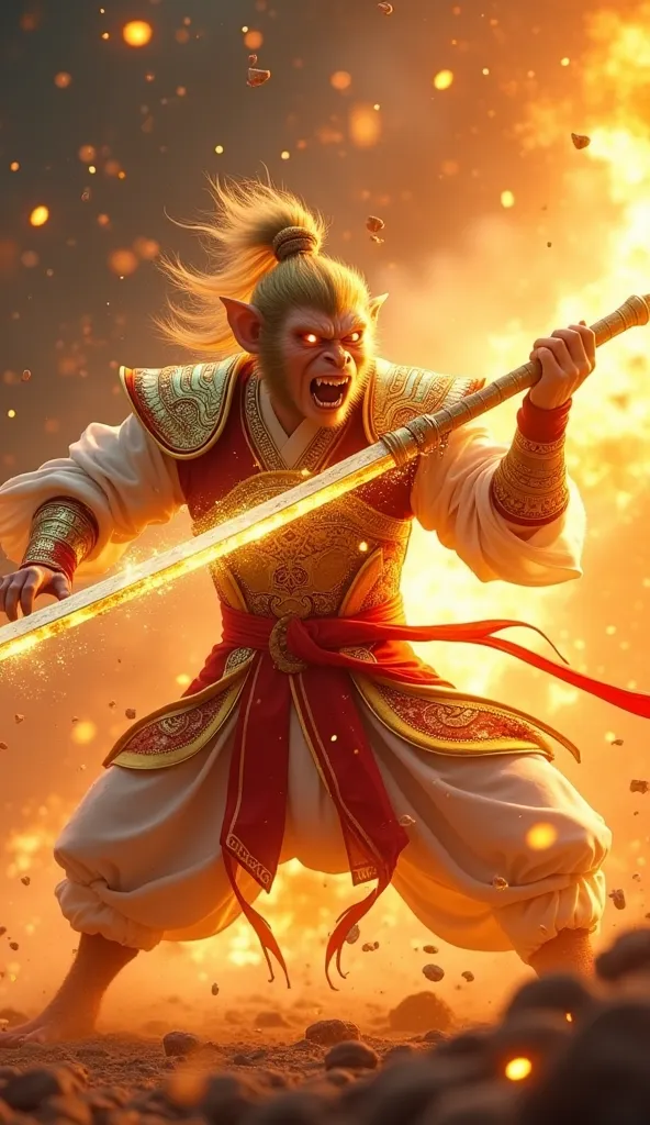 Moment of great impact — Sun Wukong (Monkey King) slashes his golden staff (Ruyi Jinggubang) with divine power horizontally acro...