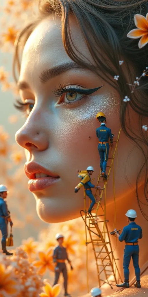 A highly detailed, surreal portrait of a young woman with flawless skin and a pearlescent glow, highlighted by sophisticated mak...
