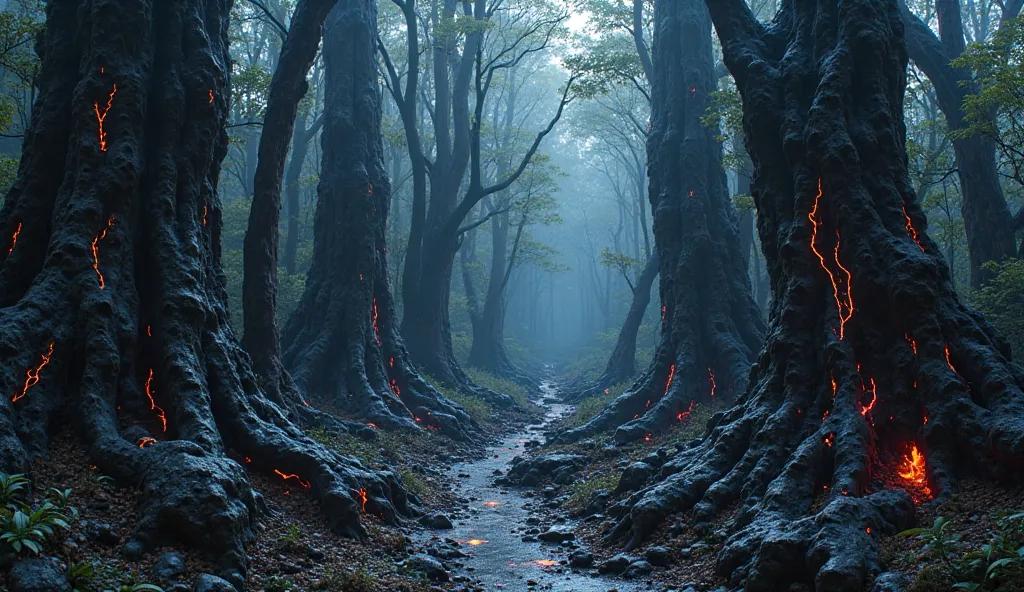 Black forest with black crystals with rainbow cracks. The forest area turns black, the trees turn black, there is no path. The t...
